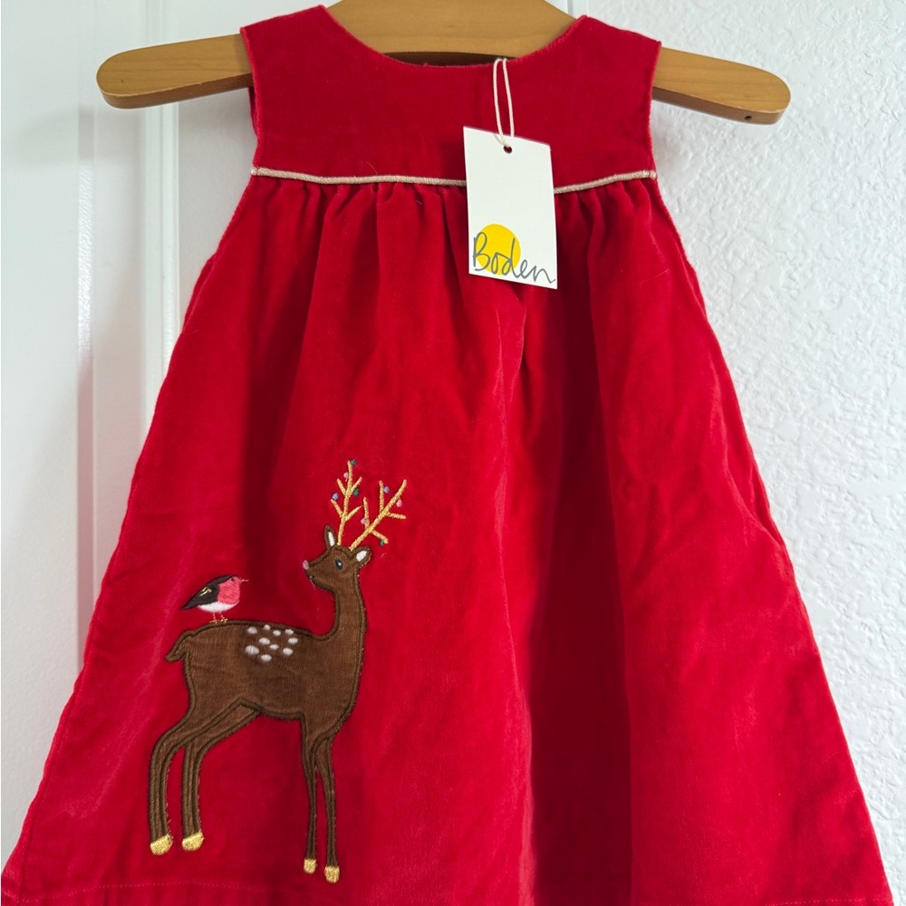 NWT Mini Boden Red Velour Dress with Reindeer Appliqué